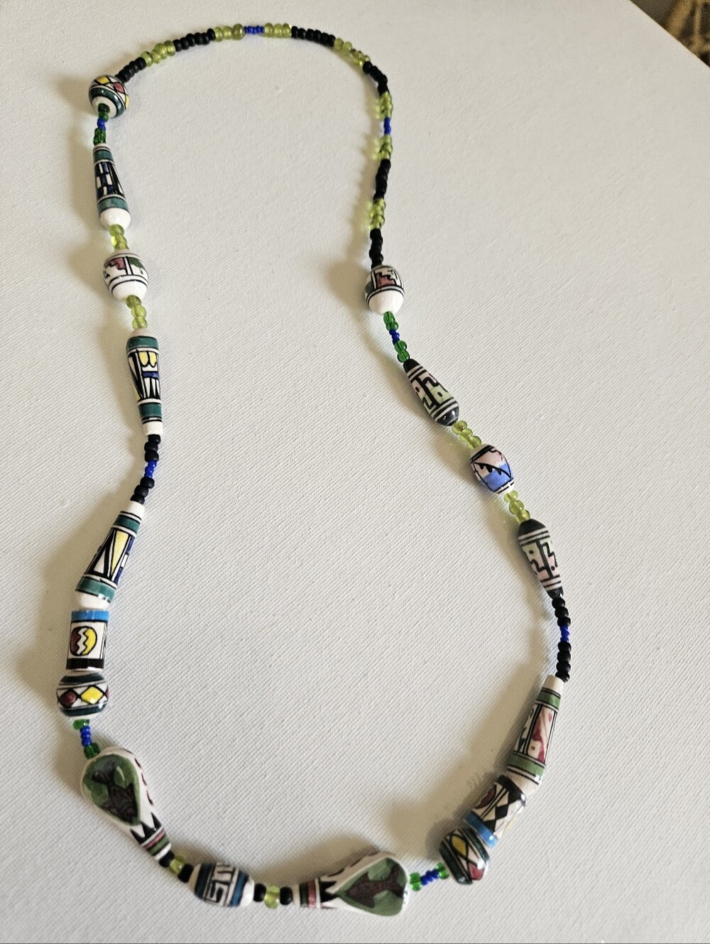 VTG Handmade Ceramic Tribal Bead Necklace Boho Statement Geometric Art Pottery